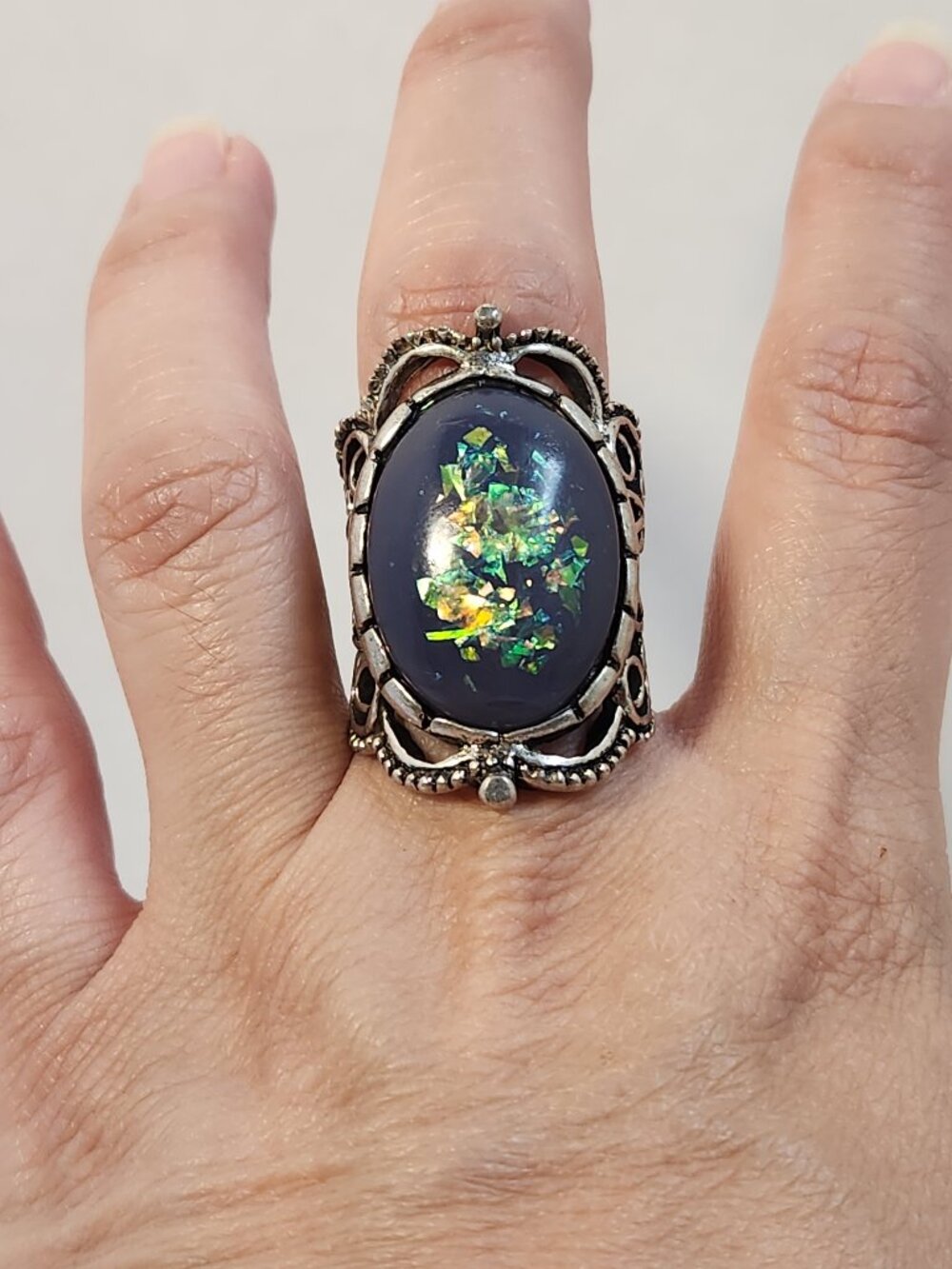 Classic Retro 925 Y2K 90's Iridescent Filigree Statement Ring Size 8